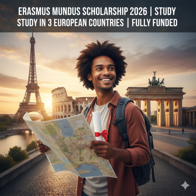 A happy, diverse university student with a travel backpack holds a map and a rolled diploma, smiling at a sunrise backdrop featuring the Eiffel Tower, the Colosseum, and the Brandenburg Gate. The text "ERASMUS MUNDUS SCHOLARSHIP 2026 | STUDY IN 3 EUROPEAN COUNTRIES | FULLY FUNDED" is overlaid at the top.