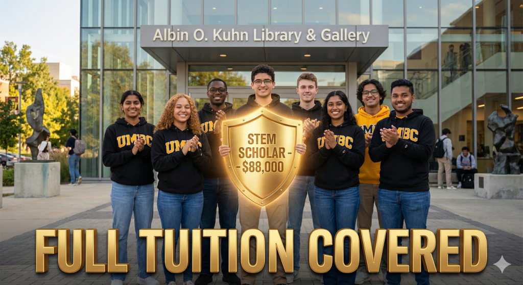 A group of seven diverse college students in UMBC hoodies clap and smile in front of the Albin O. Kuhn Library & Gallery. A glowing golden shield in the center reads "STEM SCHOLAR - $88,000". Below them, large golden text reads "FULL TUITION COVERED".