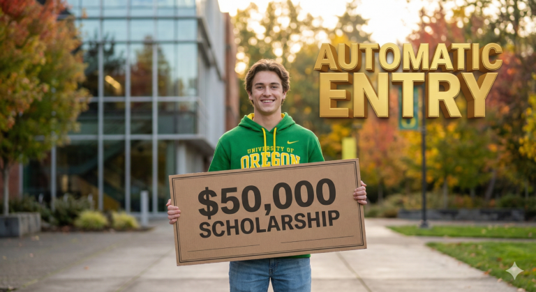 A young man smiling, wearing a green University of Oregon hoodie, holds a large cardboard sign that reads "$50,000 SCHOLARSHIP". He is standing on a paved university campus pathway with a modern glass building and trees with autumn foliage in the background. Large, golden, 3D text at the top right says "AUTOMATIC ENTRY".