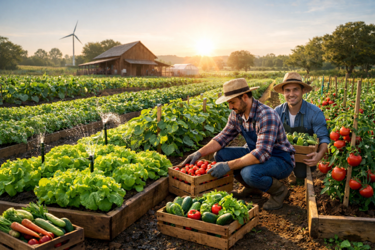 Two young male farmers harvesting organic vegetables from raised garden beds on a sustainable farm at sunrise.