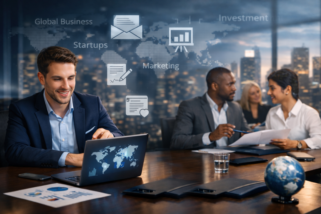 Professional businessmen collaborating in a modern office using laptops and documents, representing English for business communication and global entrepreneurship.